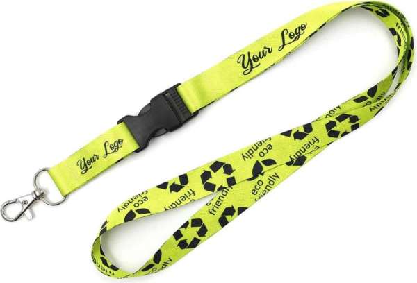 Nachhaltiges rPET Schlüsselband Lanyard mit Karabiner und Schnappverschluss, beidseitiger regelm. Su