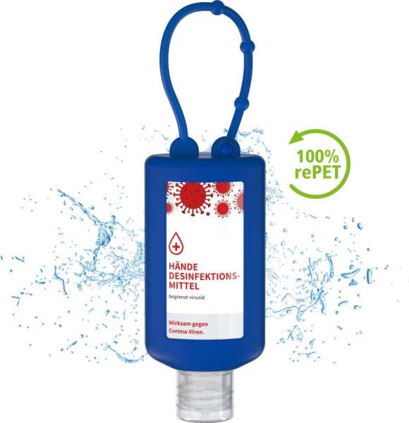 Hände-Desinfektionsgel (DIN EN 1500), 50 ml Bumper blau, Body Label (R-PET)