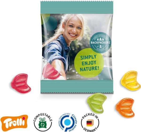 Minitüte, 84x70mm kompostierbare Folie, transparent Trolli Fruchtgummi EURO Zeichen, bunt gemischt,