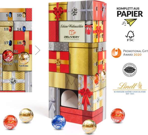 Lindt Lindor Adventsspender &quot;Turm&quot; 115g mit 4c Druck