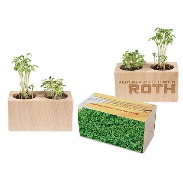 Pflanz-Holz 2er Set mit Samen - Gartenkresse, 2 Seiten gelasert