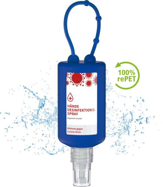 Hände-Desinfektionsspray (DIN EN 1500), 50 ml Bumper blau, Body Label (R-PET)