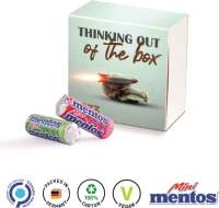 Streichholzschachtel Werbeverpackung aus weißem Karton Mentos Mini Kaudragee Rolle, Fruit Mix