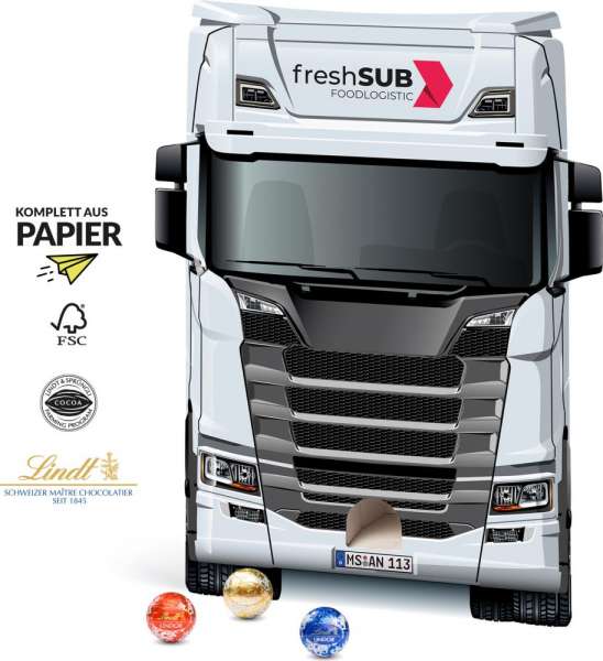 Lindt Lindor Adventsspender &quot;LKW&quot; 115g mit 4c Druck