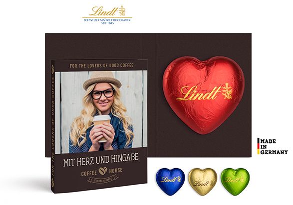 Werbekarte mit Lindt Schokoladen Herz 20g inkl. 4c Druck