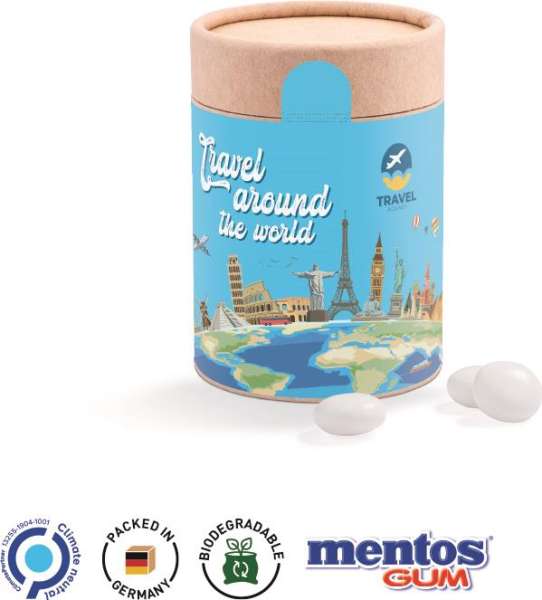 Papierdose Eco Maxi Werbeetikett aus weißem Papier Mentos Gum Peppermint zuckerfrei