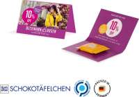 Werbekarte Visitenformat aus weißem Karton mit Abreißperforation Ritter SPORT Schokotäfelchen Knuspe