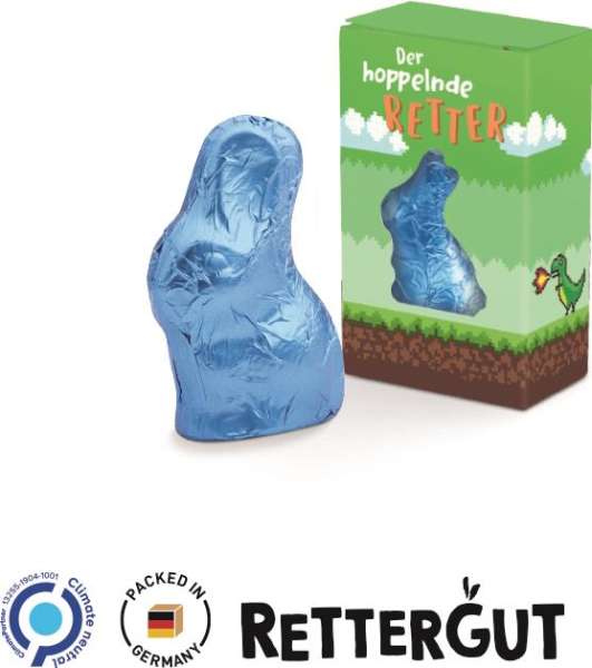 Osterhase Mini in der Werbebox Vollkartonhülle, weiß Rettergut Osterhase, Vollmilchschokolade, blau