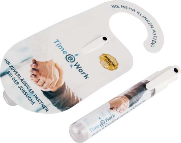 SaniStick Hang On - Individ. Hänge-Karte mit Handdesinfektionsspray inkl. 4c-Etikett
