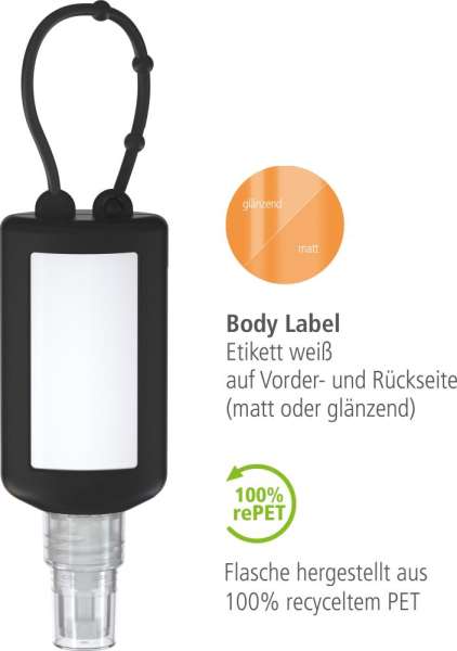 Hände-Desinfektionsspray (DIN EN 1500), 50 ml Bumper schwarz, Body Label (R-PET)