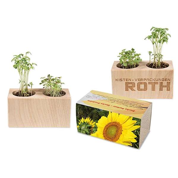 Pflanz-Holz 2er Set mit Samen - Sonnenblume, 1 Seite gelasert