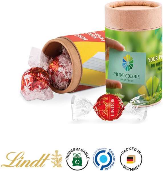 Papierdose Eco Midi Werbeetikett aus weißem Papier Lindt Lindor Kugel rot, Milch