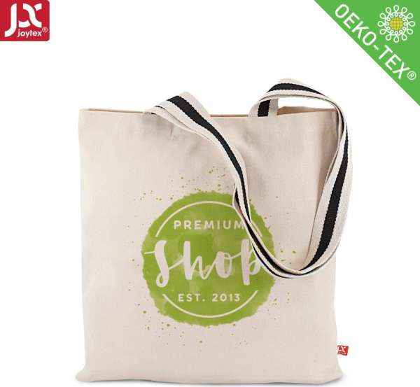 Schwere Baumwolltasche mit langen, 2-farbig gewebten Henkeln