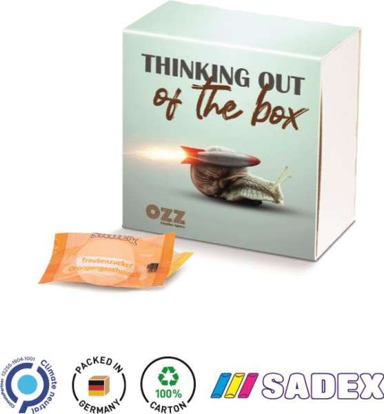 Streichholzschachtel Werbeverpackung aus weißem Karton Sadex Traubenzuckertabletten