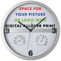 Vorschau: Wanduhr mit Hygro - und Thermometer, halbes Display bedruckbar Vorschau: Wanduhr mit Hygro - und Thermometer, halbes Display bedruckbar