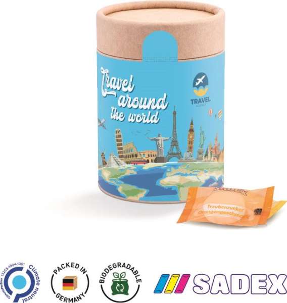 Papierdose Eco Maxi Werbeetikett aus weißem Papier Sadex Traubenzuckertabletten