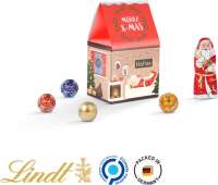 Standbodenbox Werbeverpackung aus weißem Karton Lindt Mischung: 4 Lindor Mini Kugeln (Milch, Dunkel,