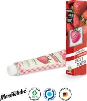 Marmetube Werbeverpackung aus weißem Karton Fruchtaufstrich Erdbeere