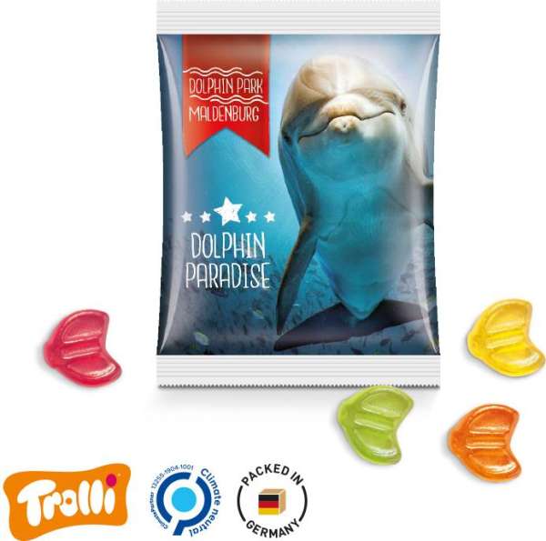 Minitüte, 84x70mm Folie, weiß Trolli Fruchtgummi EURO Zeichen, bunt gemischt, 10% Fruchtsaft
