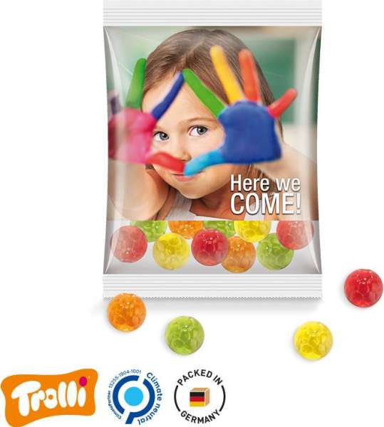 Maxitüte, 145x110mm Folie, transparent Trolli Fruchtgummi Fußbälle, mini, bunt gemischt, 10% Fruchts