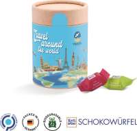 Papierdose Eco Maxi Werbeetikett aus weißem Papier Ritter SPORT Schokowürfel Mischung: Schoko Crisp,