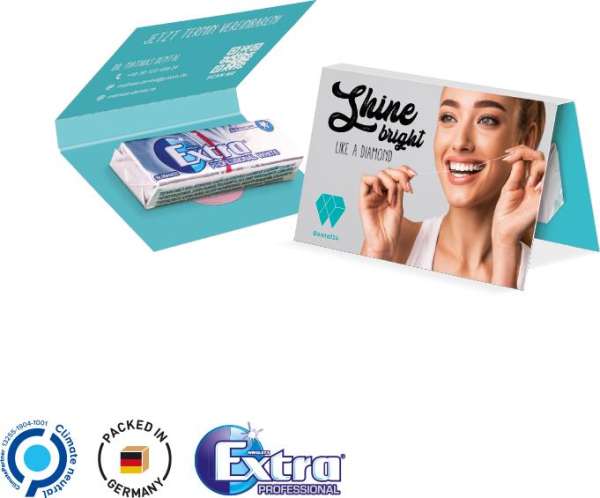 Werbekarte Visitenkartenformat aus weißem Karton mit Abreißperforation Extra Professional Kaugummi