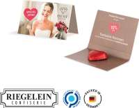 Werbekarte Visitenkartenformat aus weißem Karton mit Abreißperforation Riegelein Schokoherz, rot