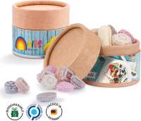 Papierdose Eco Mini Werbeetikett aus weißem Papier ungewickelte Bonbons, Kräutermischung, diverse Fo