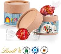 Papierdose Eco Mini Werbeetikett aus weißem Papier Lindt Lindor Kugel rot, Milch