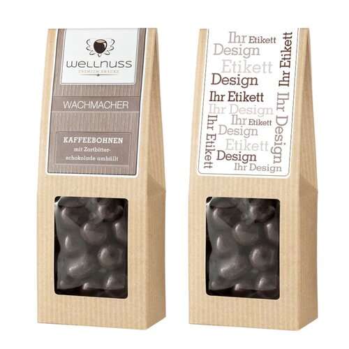 Kaffeebohnen mit Zartbitterschokolade umhüllt in der Faltschachtel
