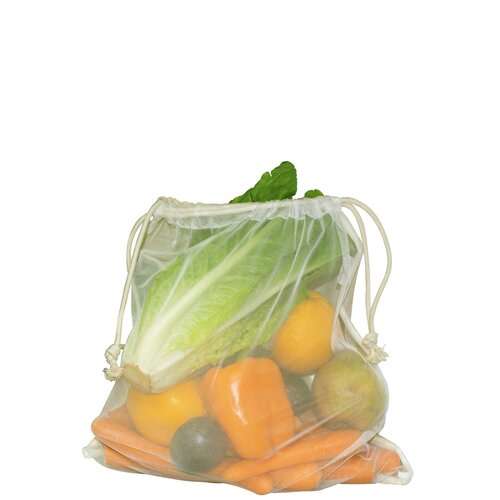 Baumwollbeutel mit einseitigem Nylon-Netz und doppeltem Kordelzug - 150 g/m² - 30 x 40 cm