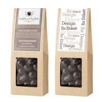 Kaffeebohnen mit Zartbitterschokolade umhüllt in der Faltschachtel