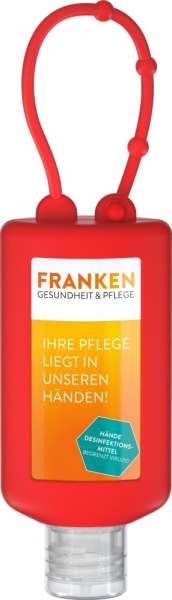 Hände-Desinfektionsgel (DIN EN 1500), 50 ml Bumper rot, Body Label (R-PET)