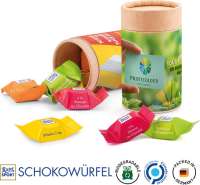 Papierdose Eco Midi Werbeetikett aus weißem Papier Ritter SPORT Schokowürfel Mischung: Schoko Crisp,