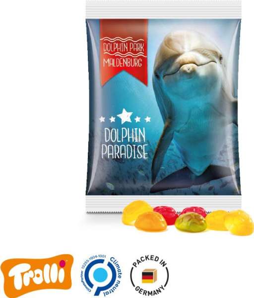 Minitüte, 84x70mm Folie, weiß Trolli Fruchtgummi Fußbälle, mini, bunt gemischt, 10% Fruchtsaft