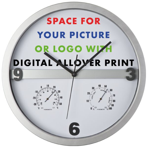 Wanduhr mit Hygro - und Thermometer, halbes Display bedruckbar
