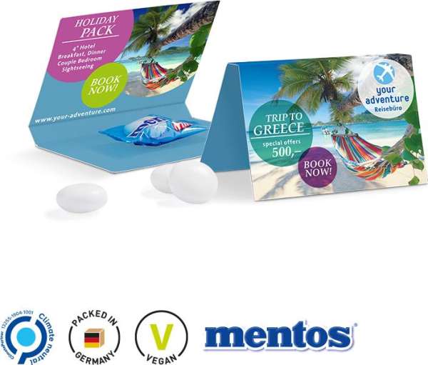 Werbekarte Visitenformat aus weißem Karton mit Abreißperforation Kaudragee Mentos Mint Pillow