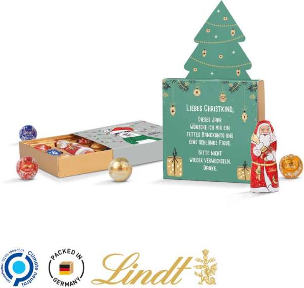 Lindt Präsent Werbeschuber &quot;Tannenbaum&quot; aus weißem Karton Kleine Kostbarkeiten, Santa