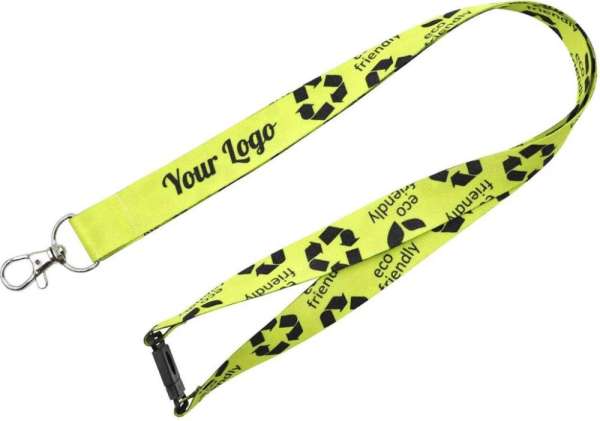 Nachhaltiges rPET Schlüsselband Lanyard mit Karabinerhaken und Sicherheitsclip, beidseitiger regelm.