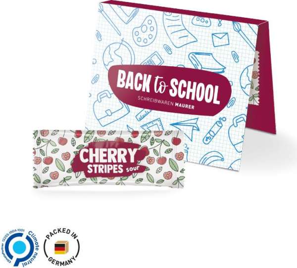 Werbekarte Midi aus weißem Karton mit Abreißperforation (Rücken 10mm) Fruit Stripes Cherry sour