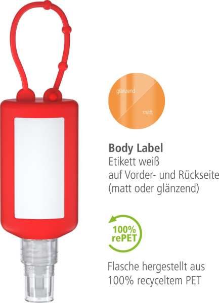 Hände-Desinfektionsspray (DIN EN 1500), 50 ml Bumper rot, Body Label (R-PET)