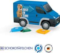 Transporter Präsent Vollkartonhülle, weiß Ritter SPORT Schokotäfelchen, gemischt