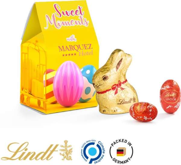 Standbodenbox Werbeverpackung aus weißem Karton Lindt Mischung: 4 Lindor Mini Eier (Alpenmilch, rot)