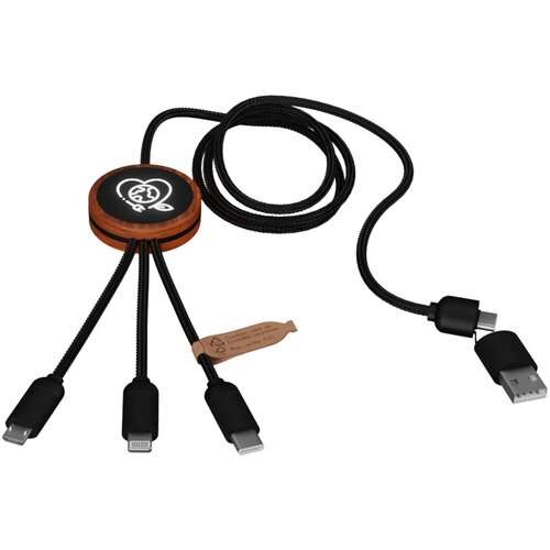 SCX.design C37 40W 5-in-1 rPET Ladekabel in rundem Bambusgehäuse mit Leuchtlogo