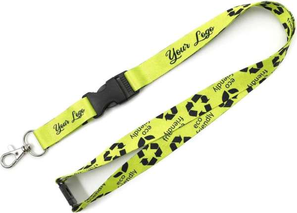 Nachhaltiges rPET Schlüsselband Lanyard mit Karabinerhaken, Schnappverschluss und Sicherheitsclip, e